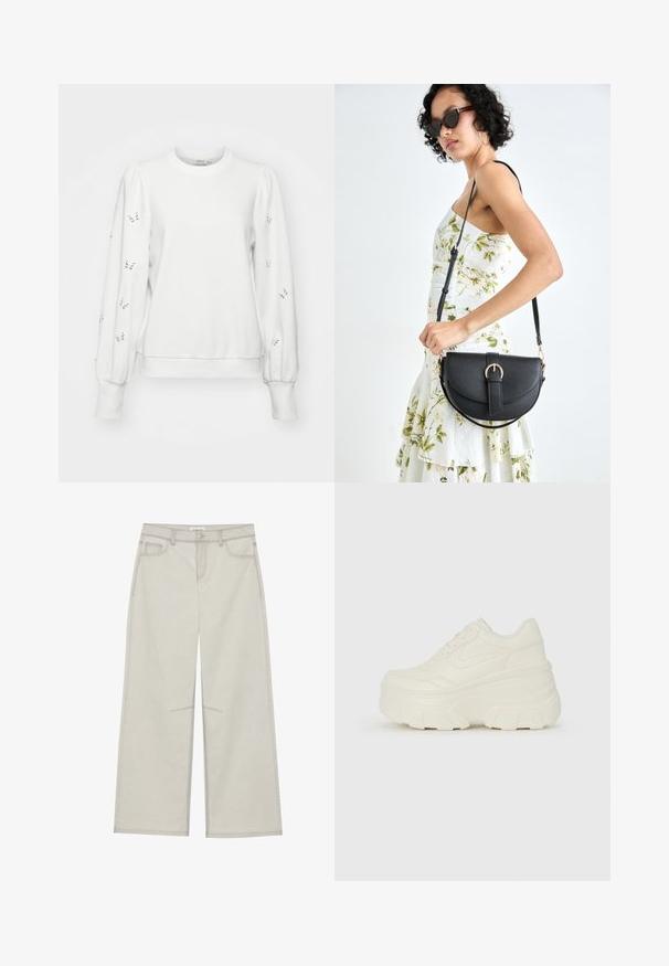 White sweatshirt with puffed sleeves, embroidered butterfly patterns on the arms, and ribbed cuffs and hem. Soft fabric texture and casual design.; Light gray wide-leg pants with five pockets, front button closure, and contrast stitching along seams. Fabric appears soft and durable.; White platform sneakers featuring a smooth leather-like upper, rounded shape, padded collar, and textured rubber sole with defined treads.; Black leather handbag with a curved shape, detachable strap, and gold hardware. The bag features a flap with a buckle detail.