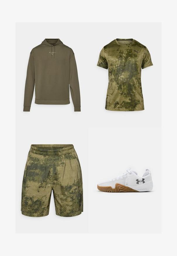 Maslinasto zelena dukserica s kapuljačom na vezanje, dugim rukavima i opuštenim krojem. Ima bijeli logo na prsima i rebraste manžete.; Majica kratkih rukava za sport u maslinasto zelenoj boji s teksturiranim, uzorkovanim završetkom. Sadrži mali crni logo na gornjem lijevom dijelu prsnog koša.; Šorc s kamuflažnim uzorkom u nijansama zelene, izrađen od lagane tkanine s elastičnom gumom u struku i opuštenim krojem.; Bijele atletske tenisice s gornjim dijelom od mrežice, gumenim potplatom u boji gume, teksturiranim akcentima i crnim logotipom sa strane.