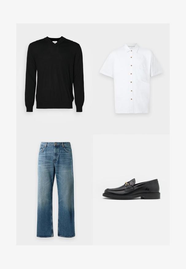 NN.07 SERGIO V NECK - Džemperis - black; Balta lininė marškiniai trumpomis rankovėmis, turintys mygtukų užtraukimą, krūtinės kišenę ir medinius akcentinius mygtukus.; Šviesiai mėlyni plačiai šlifuoti džinsai su išblukusiu plovimu, turintys vieno mygtuko užsegimą, penkias kišenes ir kontrastingus siūlus.; Juodos odinės loafer tipo bateliai su apvaliuku, su auksinėmis detalėmis ir siuvinėjimo akcentais, įrengti ant žemos, tekstūruotos gumos pado.