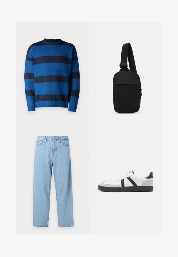 Blue striped sweater featuring alternating dark blue and light blue horizontal stripes, ribbed neckline and cuffs, soft knitted texture.; Light blue high-waisted straight-leg jeans with five pockets and a front button and zipper closure.; White sneaker with black and gray accents, featuring a textured gray toe cap, black rubber sole, and flat white laces. Clean design, minimalist style.; Black crossbody bag made of durable fabric, featuring a single adjustable strap, a zippered main compartment, and a front pocket.