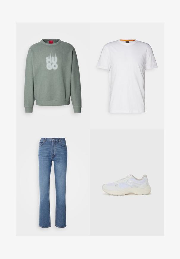 Gaiši zaļš ribota džemperis ar apaļu kaklu un diskrētu grafiku, kurā uzrakstīts vārds "HUGO" baltā krāsā uz priekšpuses.; Balta kokvilnas T-krekls ar apaļu kakla izgriezumu, īsām piedurknēm un nemanāmu reljefa logo uz krūšu daļas. Iekšējā birka ar oranžu akcentu.; Zilā denima bikses ar augstu jostasvietu, taisnas kājas dizainu un vieglu nolietojumu. Satur klasisku piecu kabatu stilu un ar rāvējslēdzēju aizdari.; Baltas sporta apavi, kas izgatavoti no sieta un zamšāda, ar teksturētu starpzoli, teksturētām akcentēm un "HUGO" logo sānos.