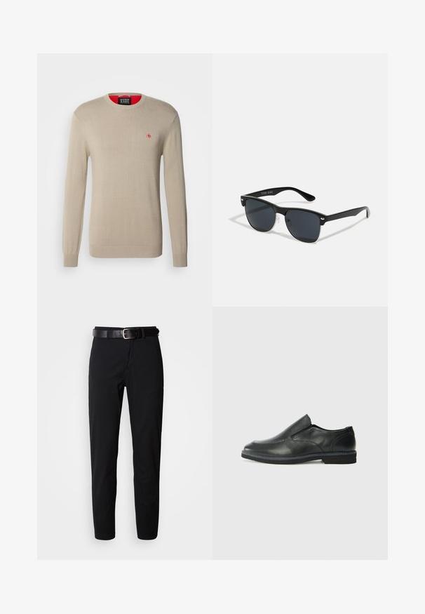 Beige strikket sweater med lange ærmer, rund halsudskæring og et lille rødt logo på brystet. Har ribbede manchetter og kant.; Sorte bukser med lige snit, der har en glat tekstur og et sort læderbælte med en sølvspænde. Enkel design, ingen mønstre eller accenter.; Sorte læder slip-on sko med en glat overdel, syede detaljer, rund tå og en lav gummihæl. Sålen har minimal profil.; Sorte solbriller med rektangulær form, mørke linser, sølvdetaljer ved tindingerne og en mat finish på stellet.