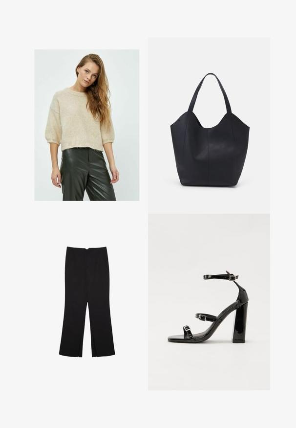 Strikket beige sweater med rund hals, korte ærmer og ribbet kant, parret med mørkegrønne læderbukser med en tekstureret overflade.; Sorte bukser med lige pasform, der har frontlommer og slidser i kanten. Lavet af blødt, glat stof. Velegnet til forskellige anledninger.; Sorte laklædersandaler med høje hæle, to spænderemme, firkantet tå og en kraftig blokhæl, der har en glat, blank overflade.; Sort tote taske lavet af glat læder, med en buet, åben top, to skulderstropper og et minimalistisk design.