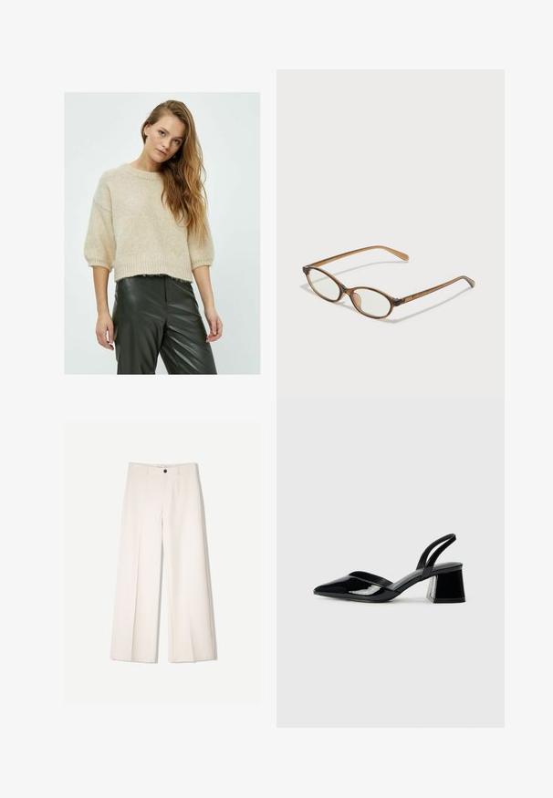 Maglione beige a maglia con collo rotondo, maniche corte e orlo a coste, abbinato a pantaloni in pelle verde scuro con una finitura testurizzata.; Pantaloni larghi color crema con design sartoriale, dotati di due tasche frontali e una chiusura con bottone anteriore, realizzati in tessuto liscio.; Décolleté in vernice nera con punta affusolata e tacco in geometria cubica. Presentano un design elegante e minimalista, con una texture liscia.; Occhiali tortoiseshell marroni con lenti ovali, aste sottili e dettagli trasparenti. Presentano un logo sottile sulla tempia. Design elegante e leggero.