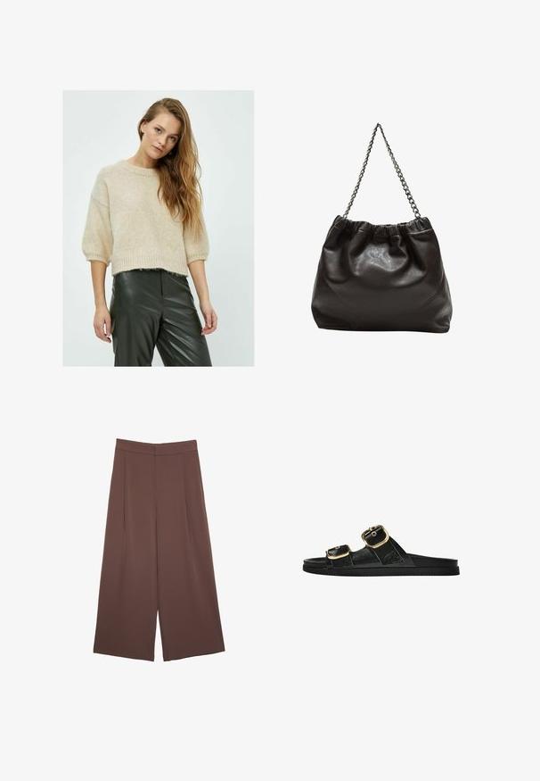 Strikket beige sweater med rund hals, korte ærmer og ribbet kant, parret med mørkegrønne læderbukser med en tekstureret overflade.; Brune bredbunde bukser med en glat tekstur, der har høj talje og plisseringer foran. Stoffet er let og falder løst.; Sort skridsandal med to guldspænder, glat tekstureret materiale, flad sål og et minimalistisk design.; Brun lædertaske med en rynket top og en kædestrop. Glat tekstur med en blank finish og subtile sømdetaljer på siderne.