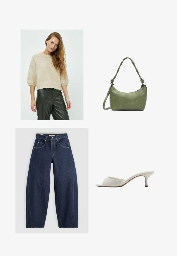 Pull en maille beige avec un col rond, des manches courtes et un ourlet côtelé, associé à un pantalon en cuir vert foncé avec une finition texturée.; Jean en denim bleu foncé, à coupe ample, avec des coutures claires, cinq poches et un bouton de fermeture à la taille.; Mules à talons hauts ouverts et blancs avec une finition lisse, un design minimaliste et un talon fin, mettant en avant un accent brun subtil sur la semelle.; Sac à main en cuir vert au toucher lisse, de forme courbée et avec une anse tressée. Il dispose d'une fermeture éclair et d'une sangle réglable.