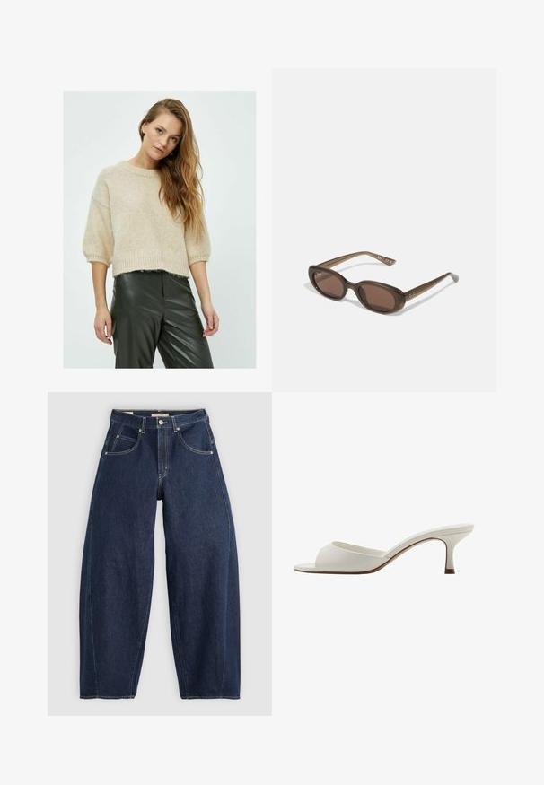Beige pletený svetr s kulatým výstřihem, krátkými rukávy a žebrovaným lemem, doplněný o tmavozelené kožené kalhoty s jemnou texturou.; Tmavě modré džíny z denimu s volným střihem, světlým prošíváním, pěti kapsami a knoflíkovým zapínáním v pase.; Bílé otevřené lodičky na vysokém podpatku s hladkým povrchem, minimalistickým designem a štíhlým podpatkem, se slabým hnědým akcentem na podrážce.; Hnědé oválné sluneční brýle s tmavými skly. Rámeček je z průhledného hnědého materiálu a má na stranách potisk s logem.