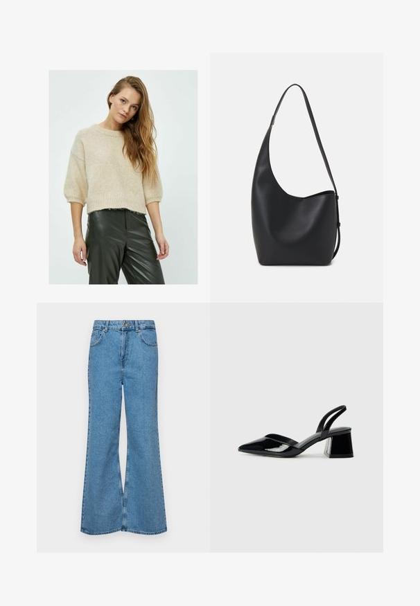 Pintos smėlinis megztinis su apykakle, trumpomis rankovėmis ir bambuko apdaila, derinamas su tamsiai žaliais odiniais keliais, turinčiais tekstūruotą paviršių.; Šviesiai mėlynos flared džinsai, pagaminti iš džinsinio audinio, su aukštu liemeniu, penkiomis kišenėmis ir vienu mygtuko užsegimu. Minkštas paviršius su išblukusiu efektu.; Juodos lakuotos odinės šlepetės su smailiu pirštu ir geometriniu bloko kulnu. Turi elegantišką, minimalistinį dizainą ir lygų paviršių.; Juodas odinis hobo maišas su lygiu paviršiumi, kreipta forma ir viena reguliuojama rankena; turi platų atidarymą viršuje.