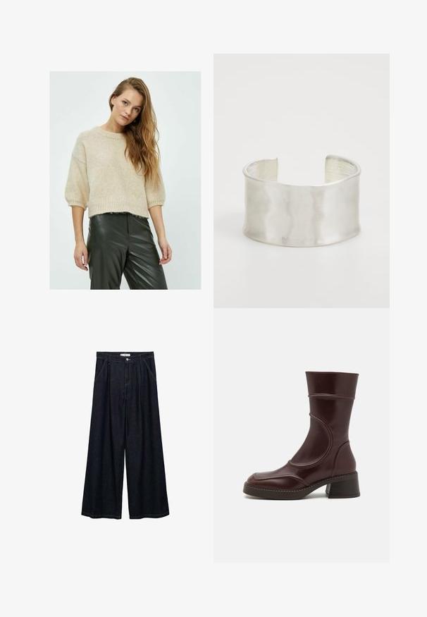 Strikket beige sweater med rund hals, korte ærmer og ribbet kant, parret med mørkegrønne læderbukser med en tekstureret overflade.; Mørk denim bredbenede bukser med høj talje, der har en frontlukning med knap, to sidelommer og syningsdetaljer.; MIISTA MALENE - Støvletter - brown; Zign Armbånd - silver-coloured
