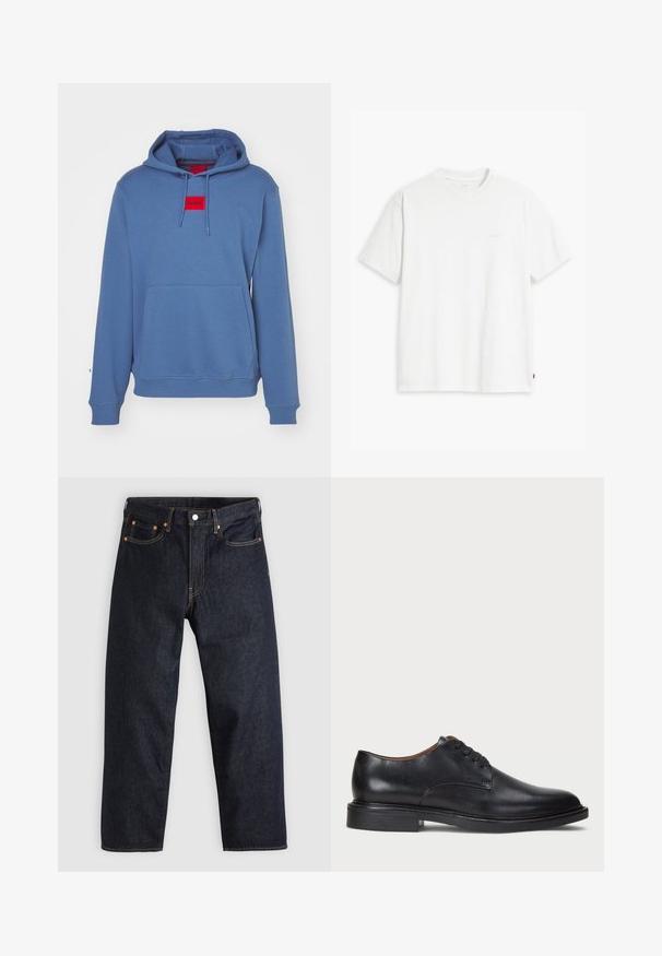 Plava dukserica s prednjim kenguruvim džepom, kapuljačom s vrpcom i crvenim logotipom. Izrađena je od meke, teksturirane tkanine s rebrastim manžetama.; Bijela pamučna majica kratkih rukava, s okruglim izrezom i suptilnim "Levi's" logotipom u svijetloj boji na prednjoj strani.; Tamno plave traperice ravnog kroja, s pet džepova, kontrastnim narančastim šavovima i dugmetom za zatvaranje. Nema vidljivih uzoraka ili ukrasa.; Crne kožne cipele s okruglim vrhom, vezanjem i niskim stogom. Glatka tekstura s minimalnim šavovima.