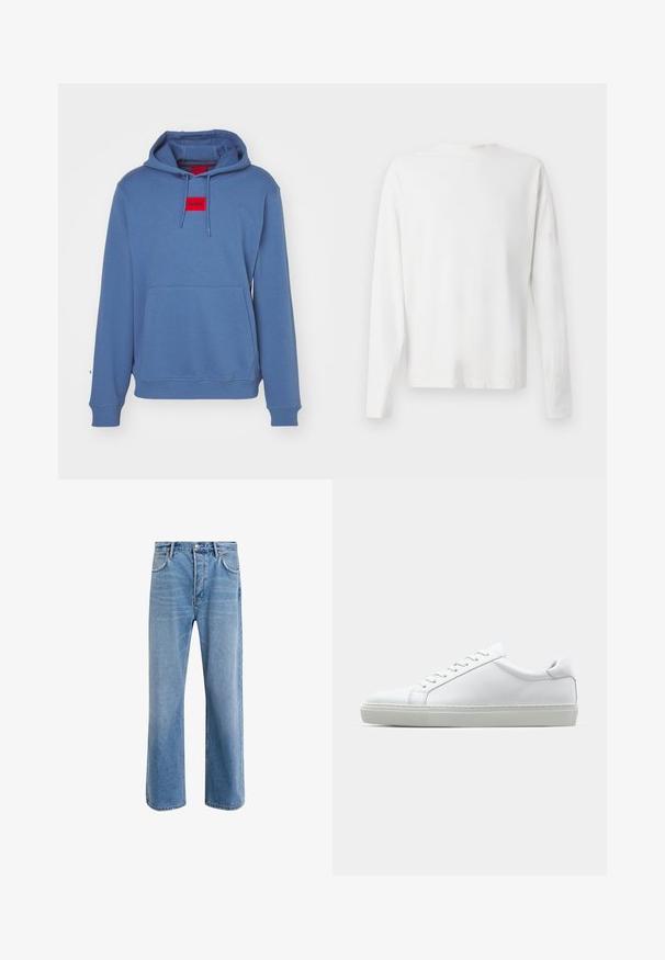 Felpa blu con cappuccio caratterizzata da una tasca a marsupio frontale, cappuccio con cordini e una patch rossa logo. Realizzata in tessuto morbido e testurizzato con polsini a coste.; Camicia bianca in cotone a maniche lunghe con scollatura rotonda, spacchi laterali in fondo e una texture liscia, mostrata da dietro.; Jeans in denim blu chiaro con design a gamba dritta, cinque tasche, chiusura con bottone, leggero sbiadimento e dettagli di cucitura a contrasto.; Sneaker bianco con tomaia in pelle liscia e profilo basso. Presenta una punta arrotondata, sei occhielli e una suola in gomma testurizzata.
