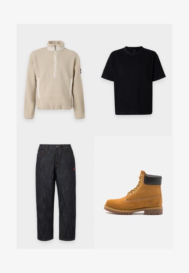 Beige fleece-pullover med høj krave, kvart-lynlås foran og to forlommer. Struktureret stof med kontrasterende beige detaljer.; Sort bomulds t-shirt med rund halsudskæring, korte ærmer og lige snit. Har minimal syning og en blød, glat tekstur.; Mørke denim jeans med en løs pasform. Har en knaplukning, fem lommer og kontrasterende orange syninger. Rød label på siden.; Tan nubuck ankelstøvle med sort polstret krave, gyldne metaløjer, hvid syning detaljer og robust gummisål med udtalte slidbaner.