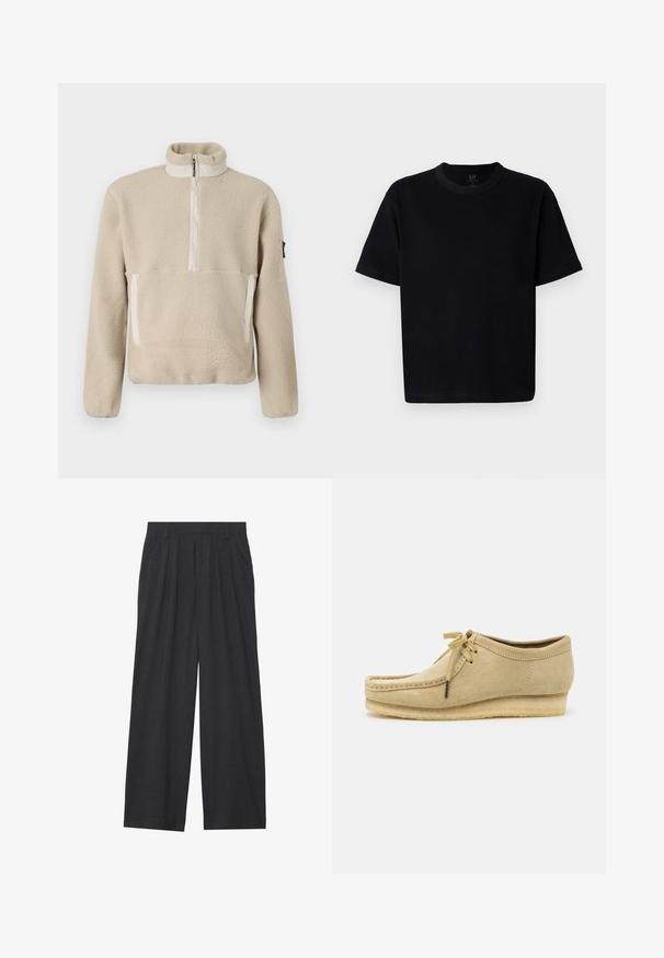 Beżowy polarowy sweter z wysokim kołnierzem, ćwierć-zamkiem z przodu i dwoma przednimi kieszeniami. Teksturowana tkanina z kontrastującymi beżowymi akcentami.; Czarna bawełniana koszulka z okrągłym dekoltem, krótkimi rękawami i prostym krojem. Charakteryzuje się minimalnym przeszyciem oraz miękką, gładką fakturą.; Szerokie spodnie wykonane z ciemnoszarego materiału. Posiadają pliski w talii, dopasowany krój oraz prostą sylwetkę.; Beżowe zamszowe buty z sznurowaniem, przeszyciami i gumową podeszwą. Kształt jest casualowy z lekkim obcasem na poziomie.