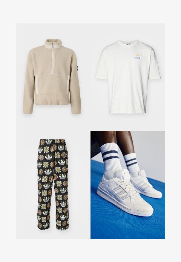 Kreminės spalvos pūkuotas megztinis su aukštu apykakle, ketvirtį užtrauktuku priekyje ir dviem priekinėmis kišenėmis. Tekstūruota medžiaga su kontrastingais kreminės spalvos akcentais.; Baltos medvilnės marškinėliai su apvalia apykakle, trumpomis rankovėmis, su mėlyna rašyba "adidas" ir geltonu trefo logo krūtinėje.; Juodos kelnės su sudėtingu įvairių formų raštu, įskaitant gėlių motyvus ir dryžius oranžine, žalia ir balta spalvomis.; Baltos odinės sportbačiai su perforuotais akcentais, trimis metalinėmis juostelėmis ir tekstūruotu šoniniu skydeliu. Dėvimi su baltais kojiniais, turinčiais mėlynas juosteles.