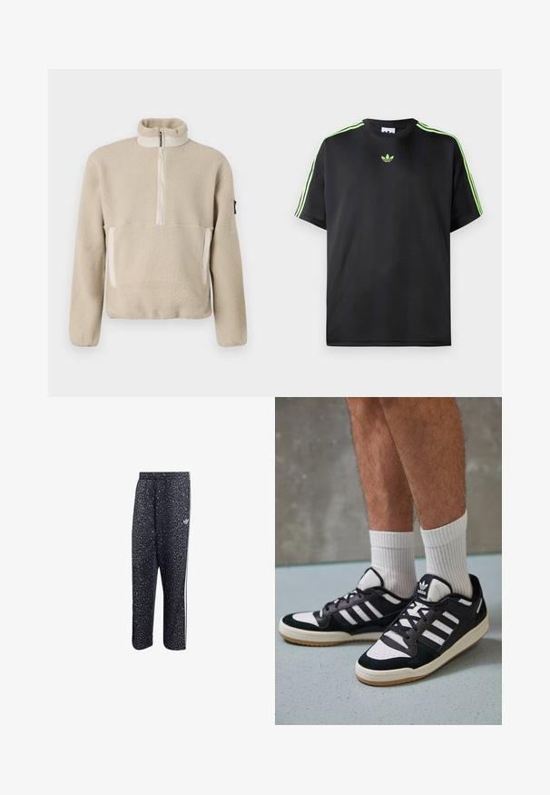 Beige fleecetrui met hoge kraag, kwart-rits aan de voorkant en twee voorzakken. Getextureerde stof met contrasterende beige accenten.; Zwarte T-shirt van gladde stof met een ronde halslijn, voorzien van drie groene strepen op de schouders en een klein groen logo op de borst.; Zwarte sportbroek met een luipaardpatroon, voorzien van een witte drie-strepenontwerp en een logo van een sportmerk aan de zijkant.; Zwart-witte sneakers met een bovenwerk van suede en leer, voorzien van drie witte strepen, een geperforeerde neus en een rubberen gumzool.