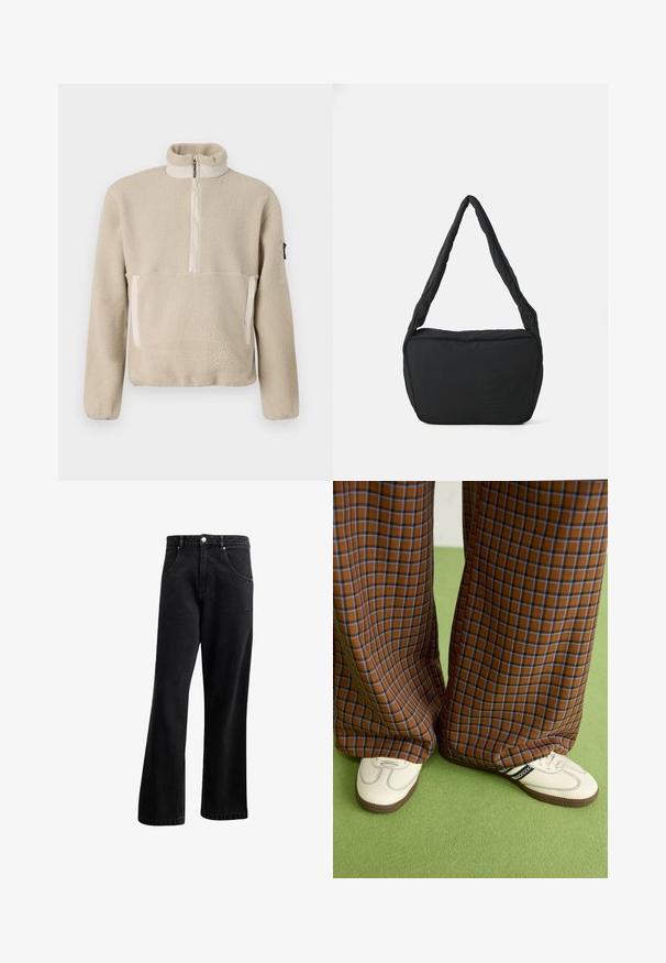Pullover in pile beige con colletto alto, zip frontale a un quarto e due tasche frontali. Tessuto texturizzato con accenti beige a contrasto.; Jeans in denim nero con un design a gamba dritta, dotati di tasche frontali, chiusura con bottone e una leggera texture. Include un sottile dettaglio del logo.; Pantaloni a pieghe larghi a quadri marroni e blu abbinati a scarpe bianche con dettagli neri e suole testurizzate, posizionati su uno sfondo verde.; Borsa a spalla nera con texture imbottita, forma arrotondata e spallaccio largo, caratterizzata da un logo impresso sul fronte.