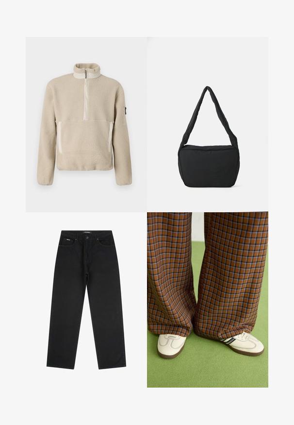 Pullover in pile beige con colletto alto, zip frontale a un quarto e due tasche frontali. Tessuto texturizzato con accenti beige a contrasto.; Jeans neri a gamba dritta con bottone e zip anteriori, passanti per cintura e design a cinque tasche, posti flat su uno sfondo bianco.; Pantaloni a pieghe larghi a quadri marroni e blu abbinati a scarpe bianche con dettagli neri e suole testurizzate, posizionati su uno sfondo verde.; Borsa a spalla nera con texture imbottita, forma arrotondata e spallaccio largo, caratterizzata da un logo impresso sul fronte.