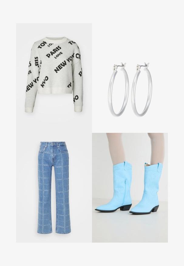 Valkoinen lyhyt neule, jossa on mustat tekstigraafit "PARIISI," "UUSI-VIDEOT," ja "RAKKAUS," pyöreä pääntie ja ribattu hihansuu. Pehmeä rakenne.; Vaaleansiniset farkut, suorahko lahje, joissa on hopeisten niittien ruutukuvio ja klassinen viiden taskun muotoilu.; Vaaleansiniset cowboy-kengät, joissa on brodeerattua yksityiskohtaa, sivu vetoketju, terävä kärki ja pinottu musta korko. Liukas nahkapinta.; Hope-silver rengas, joissa on sileä ja kiillotettu pinta. Pyöreä muoto ja turvallinen napsautettava lukitus. Kevyt muotoilu sopii päivittäiseen käyttöön.