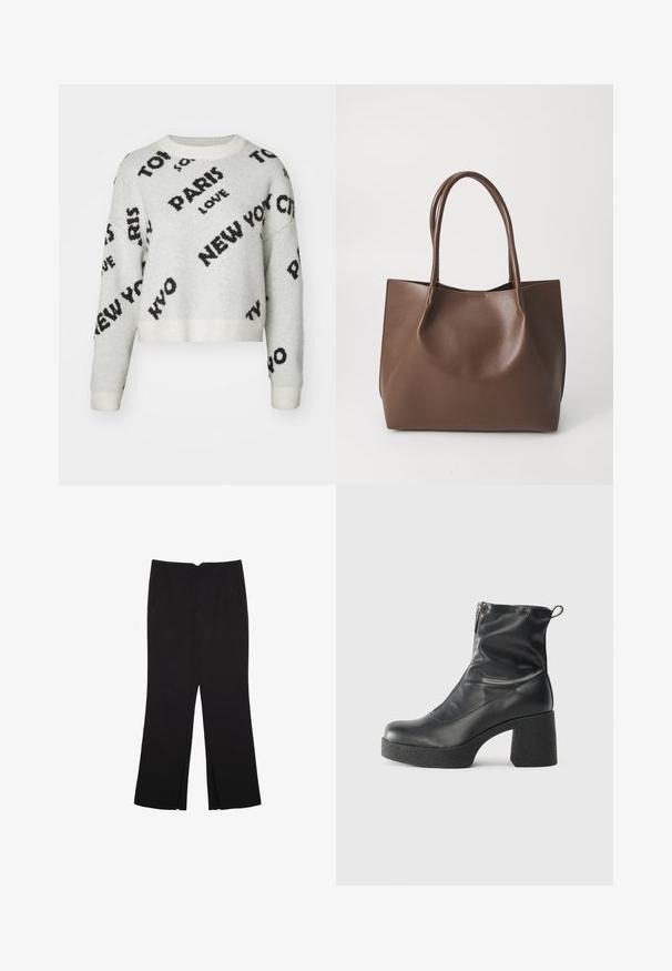 Bijela skraćena majica s crnim grafičkim natpisima "PARIZ", "NEW YORK" i "LJUBAV", s okruglim ovratnikom i rebrastim manžetama. Mekana tekstura.; Crne hlače ravnog kroja, s prednjim džepovima i bočnim prorezima na rubu. Izrađene od mekog i glatkog materijala. Pogodne za razne prigode.; Crne gležnjače od glatke kože, s bočnim zatvaračem, debelim teksturiranim potplatom i dizajnom s zaobljenim prstima.; Smeđa kožna torba s dugim ručkama, strukturiranog oblika, glatke teksture i minimalističkog dizajna. Nema vidljivih metalnih dijelova ili ukrasa.