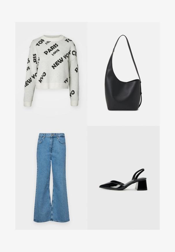 Suéter cropped branco com grafismos em preto "PARIS," "NEW YORK," e "LOVE," apresentando um decote redondo e punhos canelados. Textura suave.; Jeans de brim azuis claros, com corte à boca de sino, apresentando uma cintura alta, cinco bolsos e um fecho de botão único. Textura macia com acabamento desbotado.; Sandy em verniz preto com salto slingback, ponta afilada e salto geométrico. Apresenta um design elegante e minimalista com textura suave.; Saco hobo preto em pele com uma textura lisa, forma curva e uma única alça ajustável; apresenta uma abertura larga na parte de cima.