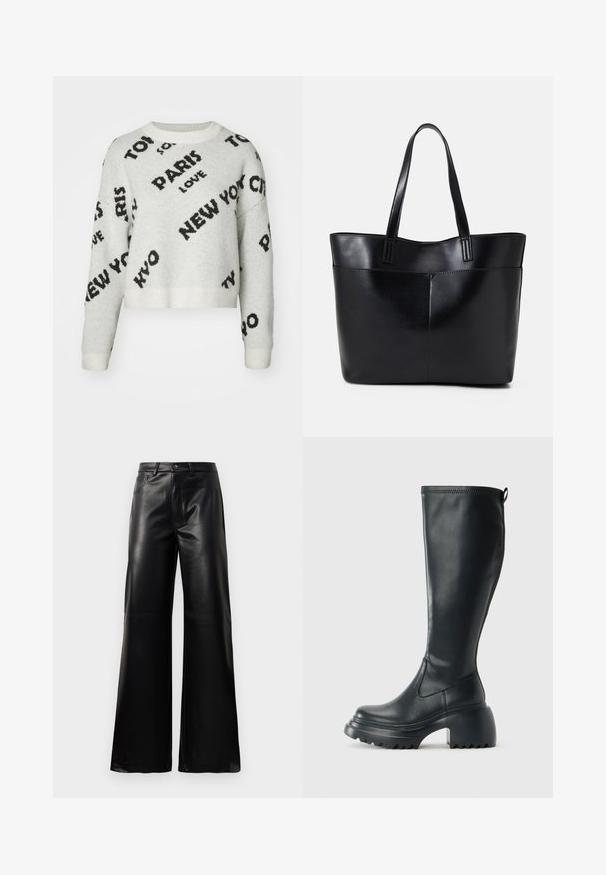 Bijela skraćena majica s crnim grafičkim natpisima "PARIZ", "NEW YORK" i "LJUBAV", s okruglim ovratnikom i rebrastim manžetama. Mekana tekstura.; Crne visoke široke hlače od umjetne kože s prednjim gumbom, zatvaranjem na zip, petljama za pojas i bočnim džepovima na bijeloj pozadini.; Visoke crne kožne čizme s debelim platformskim đonom i blok petom, s patentom za povlačenje i teksturiranim uzorkom na potplatu.; Crna kožna torba s dugim ručkama, glatkom teksturom i strukturiranim oblikom. Ima prednju džep za dodatno pohranu.