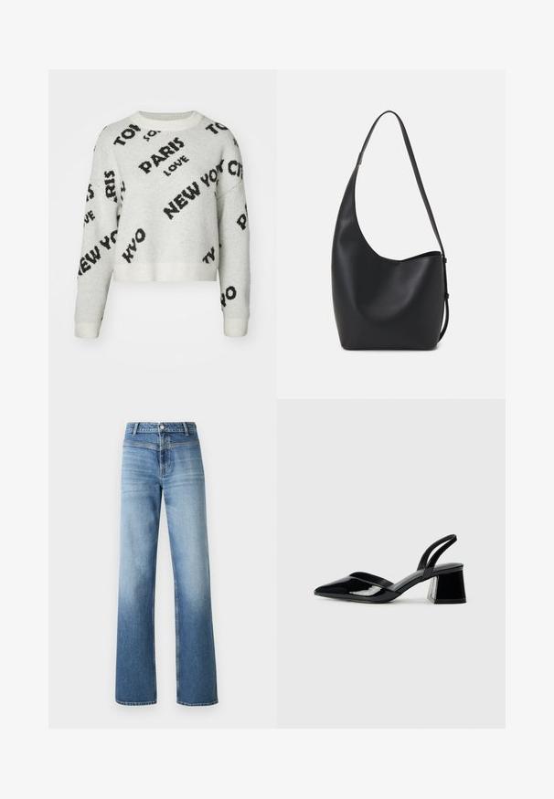 White cropped sweater with black text graphics "PARIS," "NEW YORK," and "LOVE," featuring a round neckline and ribbed cuffs. Soft texture.; Light blue denim jeans with a high waist, straight-leg design, faded wash, and classic five-pocket style. Finished with a button closure.; Black patent leather slingback heels with a pointed toe and a geometric block heel. Features a sleek, minimal design and smooth texture.; Black leather hobo bag with a smooth texture, curved shape, and single adjustable strap; features a wide opening at the top.