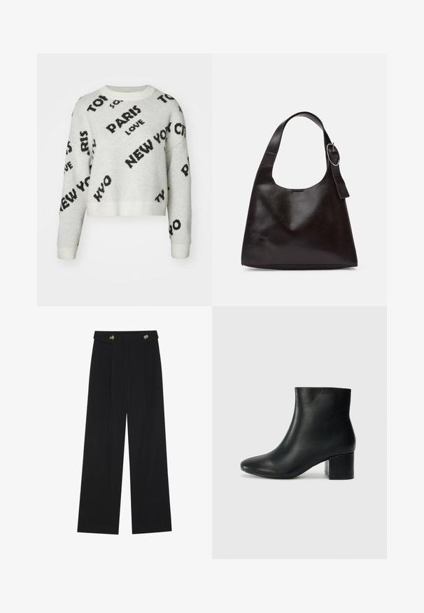 White cropped sweater with black text graphics "PARIS," "NEW YORK," and "LOVE," featuring a round neckline and ribbed cuffs. Soft texture.; Black wide-leg trousers with high waist, button details on waistband, and front pleats.; Black leather ankle boots with a pointed toe and a chunky heel. Smooth texture with minimal accents and a sleek, fitted design.; Brown leather shoulder bag with a smooth texture, rounded shape, wide strap, and circular metallic accent on the handle.