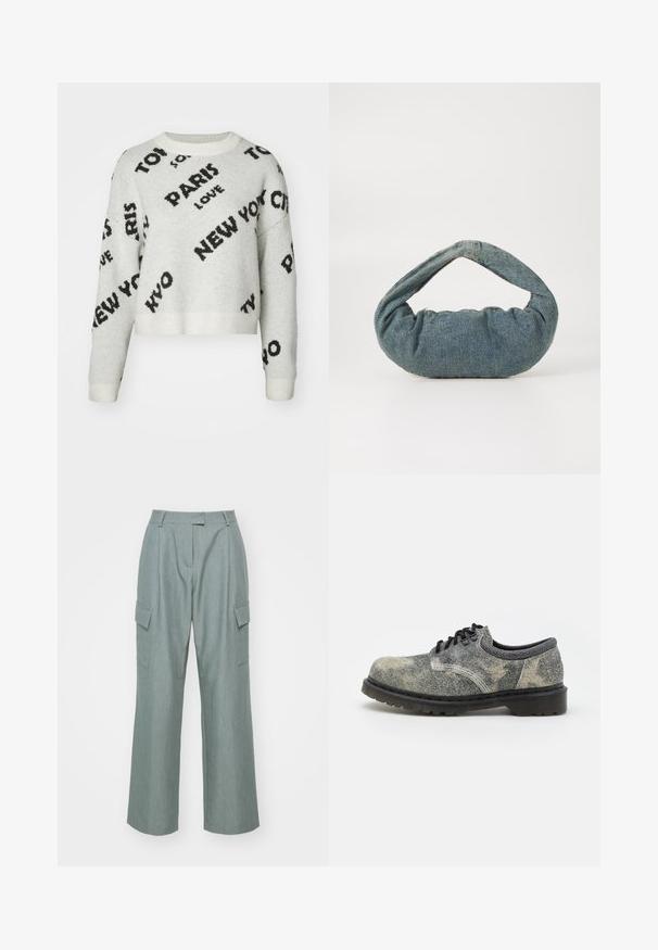 Bela skrajšana suspensión z črnim besedilom "PARIZ," "NEW YORK," in "LJUBEZEN," z okroglim izrezom in rebrastimi manšetami. Mehka tekstura.; Svijetlozelene široke cargo hlače imaju dvije bočne džepove, ravni prednji dio i glatku teksturu, dizajnirane za opušteno pristajanje.; Čevlji z vezalkami, izdelani iz teksturiranega sivega blaga z črnimi detajli, debelim gumijastim podplatom in belimi šivi. Oblika zaobljenega nosu.; Modra denimska torba s oblazinjeno, zaobljeno obliko in ukrivljenim ročajem. Tekstura je mehka, z vidnimi šivi in gladko površino.