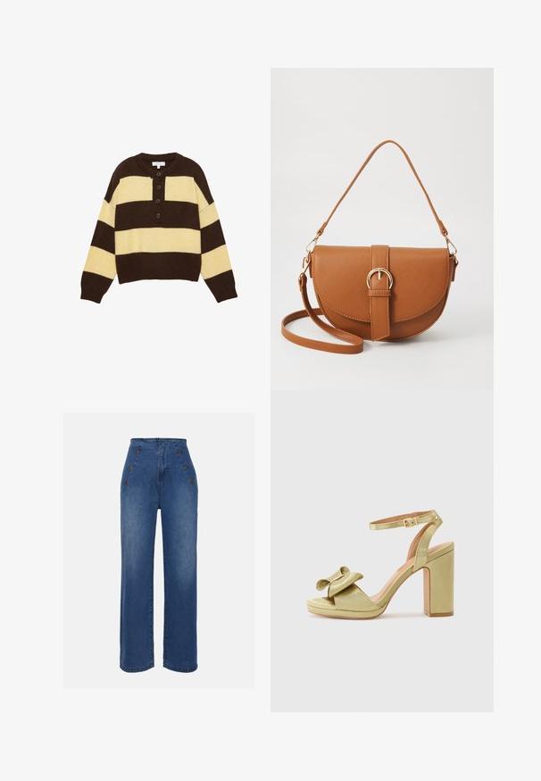 Pulover tricotat cu dungi orizontale maro și galbene, cu guler rotund și trei nasturi în față pentru închidere. Design scurt.; Jeans din denim cu talie înaltă, de culoare albastru mediu. Prezintă accente cu buton în față și un design cu picioare late. Materialul are o textură netedă, cu o ușoară decolorare.; Sandale cu toc înalt din satin verde, cu un detaliu sub formă de fundă pe brățara din față, brățară ajustabilă pentru gleznă și toc pătrat masiv.; Geantă din piele maro, tip crossbody, cu o formă curbată, accesorii aurii și un accent cu cataramă. Dispune de un curea de umăr detașabilă.
