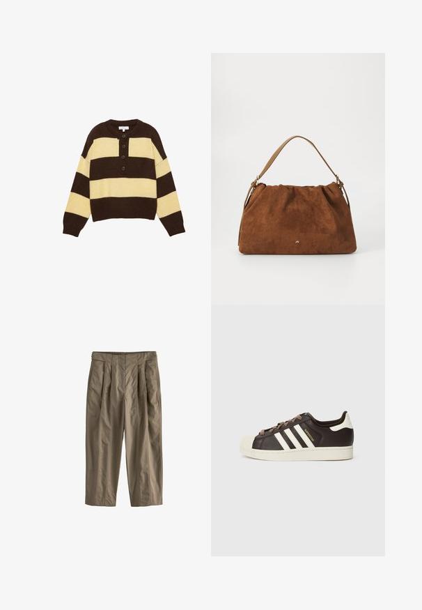 Kötött pulóver barna és sárga vízszintes csíkokkal, kerek nyakkivágással és három gombbal az elülső záráshoz. Rövidített fazon.; Next Nadrágok - green; Sötétbarna bőr alacsony szárú Adidas Superstar sportcipő krémszínű kagyló orral, fehér csíkokkal és "Superstar" felirattal az oldalon.; Barna velúr kézitáska, gyűjtött kialakítással, egyetlen világosbarna bőrszíjjal és egy diszkrét arany logós részlettel az elején.