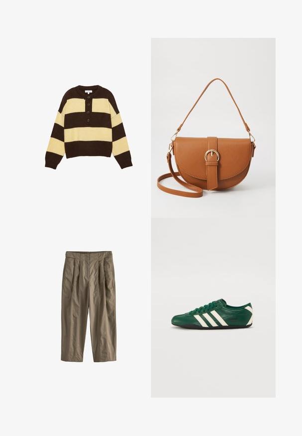 Gebreide trui met bruine en gele horizontale strepen, uitgerust met een ronde halslijn en drie voorknopjes voor sluiting. Korte snit.; Next Broek - green; Groene leren sneaker met witte strepen, ronde neus, vetersluiting, zwarte zool en "adidas TOKYO" merknaam aan de zijkant.; Bruine leren schoudertas met een gebogen vorm, gouden hardware en een gespaccent. Bevat een afneembare schouderriem.
