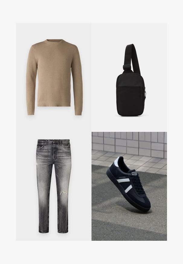 béžový pletený svetr s kulatým výstřihem, žebrovanými manžetami a lemem a texturovanou tkaninou, s jednobarevným vzorem bez vzorů či akcentů.; Vybledlé černé džínové kalhoty s rovným střihem, se sepranými místy, předními kapsami a klasickým zapínáním na knoflík.; Černé kožené tenisky s bílými pruhy, texturovanou gumovou podrážkou a šněrováním vpředu. Obsahují značenou etiketu na jazyku.; Černá crossbody taška vyrobená z odolné tkaniny, s jedním nastavitelným popruhem, zapínacím hlavním oddělením a přední kapsou.