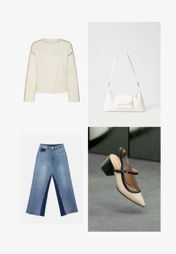Világos krémszínű pulóver kerek nyakkivágással, hosszú ujjakkal és díszes barna öltésekkel a vállvarrás mentén. Puha tapintású és laza szabású.; Világoskék, bőszárú farmernadrág, kontrasztos sötétkék panelekkel, szálkás szegélyekkel, valamint normál derekú, fém gombos záródással.; Beige, hegyes orrú, pántos cipő fekete díszítéssel, arany csattal és vastag blokk sarokkal, szürke padlón, sötétzöld háttér előtt.; Fehér szintetikus kézitáska, háromszög alakú, lapos előlap, masni részlettel, állítható pánttal, sima textúrával és minimalista dizájnnal.