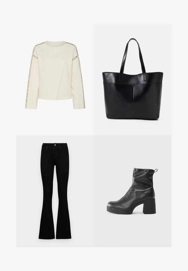 Light cream sweater with a round neckline, long sleeves, and decorative brown stitching along the shoulder seams. Soft texture and relaxed fit.; Black high-waist jeans with a button and zip closure, front pockets, and flared legs laid flat on a white background.; Black ankle boots made of smooth leather, featuring a side zipper, chunky textured heel, and rounded toe design.; Black leather tote bag with two long handles, a smooth texture, and a structured shape. Features a front pocket for additional storage.