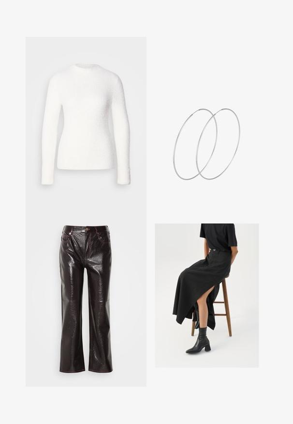 Witte structuurtrui met een ronde hals, lange mouwen, zachte stof en geribbelde details. Aansluitend ontwerp met een gladde afwerking.; Glanzende donkere bordeaux brede jeans met een glanzende afwerking, contrasterende roze steken, een voorzak en een knoopsluiting bij de taille.; Zwarte linnen maxi rok met een hoge split, gedragen met een zwart T-shirt en zwarte enkellaarsjes. Minimalistisch ontwerp met een relaxte pasvorm.; Zilveren hoepel oorbellen met een minimalistisch ontwerp. Cirkelvormig, gladde textuur en dun profiel. Lichtgewicht met een gepolijste afwerking.
