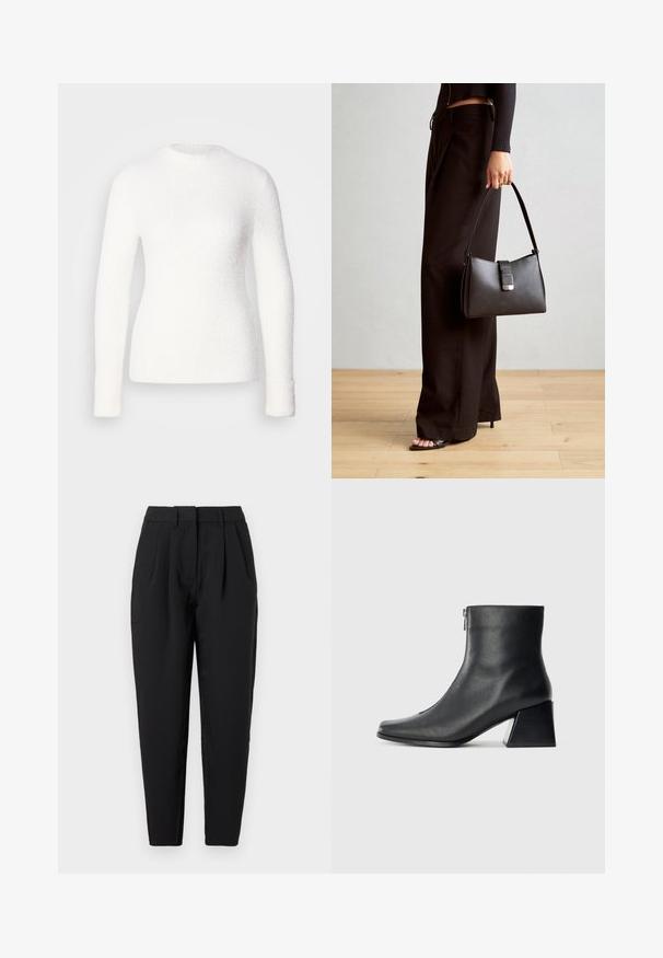 Maglione bianco texturizzato con scollo tondo, maniche lunghe, tessuto morbido e dettagli a coste. Design aderente con una finitura liscia.; Pantaloni neri con una vestibilità dritta, caratterizzati da pieghe sul fronte, una texture liscia e tasche laterali. Il girovita ha un'altezza standard.; Stivaletto in pelle nera con punta quadrata, cerniera laterale e tacco squadrato su sfondo chiaro uniforme.; Borsa nera con forma strutturata, texture liscia e una chiusura metallica. Abbinata a pantaloni neri larghi e sandali open-toe su un pavimento in legno.