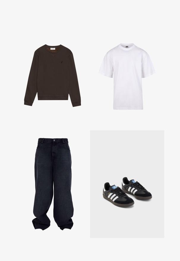 Pier One Felpa - dark brown; T-shirt bianca in cotone con scollatura a girocollo, maniche corte e vestibilità rilassata. Presenta un design semplice senza motivi o accenti.; Pantaloni in denim neri a gamba larga con una texture liscia, design a cinque tasche e chiusura con bottone. Presenta una vestibilità rilassata e un orlo affusolato.; Sneakers neri con tomaia in suede e materiale sintetico, caratterizzati da tre strisce bianche, suola in gomma testurizzata e etichetta blu sul linguetta.