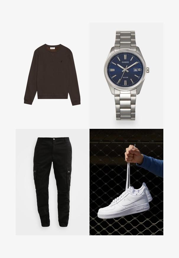 Pier One Sudadera - dark brown; Pantalones cargo negros hechos de tejido resistente, con bolsillos laterales, cierre de botón y un diseño ajustado. Textura suave con detalles mínimos.; Zapatillas de cuero blanco con perforaciones, punta redonda, suela plana y cordones gruesos, con un logo de swoosh visible y "AIR" en el talón.; Reloj de pulsera de acero inoxidable plateado con una esfera azul marina, marcadores horarios metálicos y una ventana de fecha a las 3 en punto. Resistente al agua hasta 50 metros.