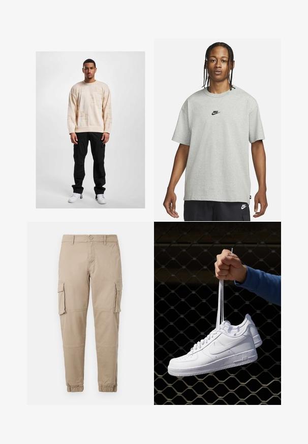 Pull en tricot beige avec des motifs en relief, col rond et épaules tombantes, associé à un pantalon cargo noir et des baskets blanches.; Jeune personne avec des cheveux tressés portant un t-shirt Nike gris clair et un short Nike noir sur un fond blanc uni.; Pantalons cargo beiges en coton léger. Comprend des poignets élastiques, plusieurs poches latérales et une fermeture à bouton.; Baskets en cuir blanc avec perforations, à bout rond, semelle plate et lacets épais, arborant un logo swoosh visible et "AIR" sur le talon.