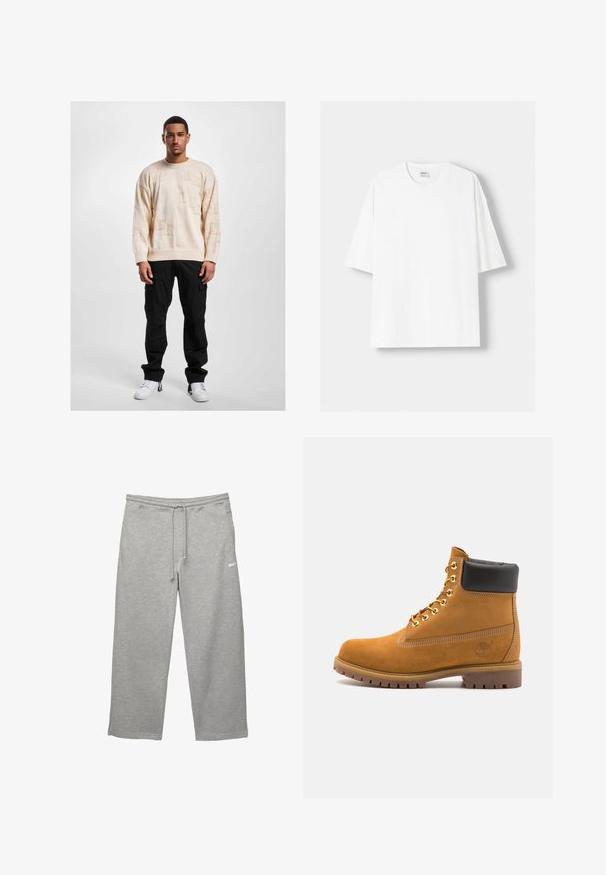 Beige neulepaita, jossa on kohokuvioituja kuvioita, pyöreä pääntie ja putoavat olkapäät, yhdistetty mustiin cargo-housuihin ja valkoisiin tennareihin.; Valkoinen lyhythihainen t-paita, joka on valmistettu puuvillasta, ominaisuutenaan pyöreä pääntie ja rento istuvuus. Sileä pinta, ilman näkyviä kuvioita tai yksityiskohtia.; Harmaat collegehousut, jotka on valmistettu pehmeästä kankaasta, jossa on joustava vyötärönauha, säädettävä nyöri ja sivutaskut. Sisältää pienen valkoisen logon.; Valkoinen nahkainen nilkkuri mustalla pehmustetulla kauluksella, kultaisilla metallisilla rei'illä, valkoisella ompeluksella ja jykevällä kumipohjalla, jossa on selvästi näkyvät urat.