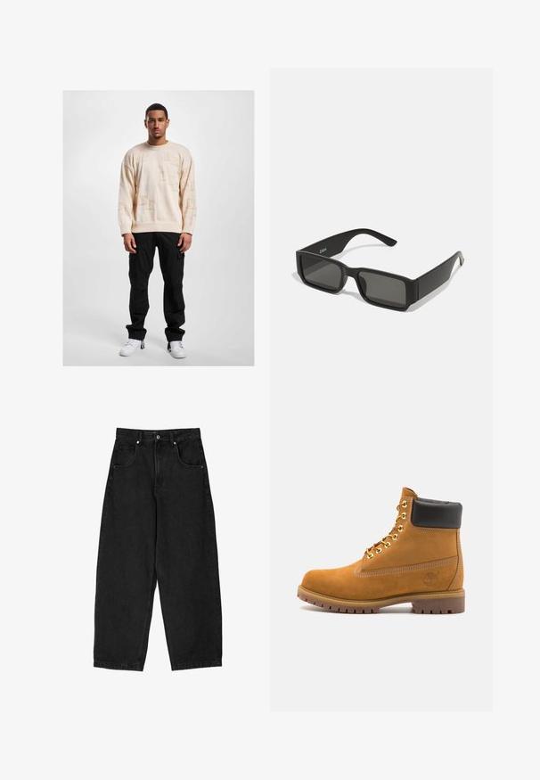 Beige gebreide trui met reliëfpatronen, ronde hals en verlaagde schouders, gecombineerd met zwarte cargobroek en witte sneakers.; Zwarte denim pijpenbroeken met een hoge taille, voorzien van vijf zakken, een ritssluiting en een metalen knoopsluiting. Zachte textuur, minimale details.; Tan suède enkelboot met zwart gevoerd kraagje, gouden metalen oogjes, witte stikdetails en een robuuste rubberen zool met uitgesproken profiel.; Zwarte zonnebril met rechthoekige lenzen, matte plastic montuur en rechte randen. Bevat het merkteken op de binnenarm.