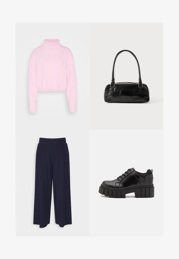 Cropped turtleneck sweater in soft pink with ribbed texture and dropped shoulders. Features a high neck and long sleeves.; Wide-leg trousers in dark navy fabric with a ribbed texture. Features a smooth waistband and a flowy silhouette, reaching mid-calf length.; Black leather platform shoes with a chunky block heel, round toe, and traditional lace-up design. Features smooth texture and minimal detailing.; Black leather handbag with a rectangular shape, featuring a single structured handle, silver hardware, and zip closure. Smooth texture.