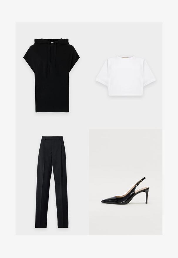 Black hooded sweatshirt with short sleeves, relaxed fit, and drawstring. Smooth texture, simple design, and no visible patterns or accents.; Cropped white t-shirt made of soft fabric, featuring short sleeves, a round neckline, and ribbed hem details. Simple and unembellished design.; Black trousers made from smooth fabric featuring a high waist, wide legs, front pleats, and classic belt loops. No side pockets visible.; Black patent leather slingback pump with pointed toe, slim heel, and a subtle cutout design. Features a gold buckle on the strap.
