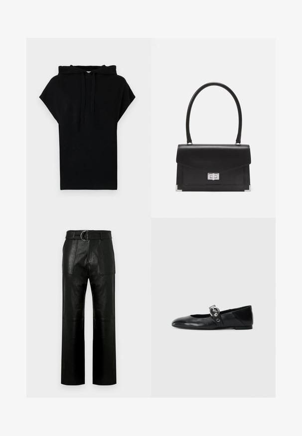 Czarna bluza z kapturem, krótki rękaw, luźny krój, z troczkami. Gładka tekstura, prosty design, brak widocznych wzorów czy akcentów.; Czarne skórzane spodnie z wysokim stanem, szerokimi nogawkami, dużymi przednimi kieszeniami i dopasowanym paskiem z podwójną klamrą.; Czarne skórzane baletki z wąskim noskiem, z paskiem z okrągłą metalową klamrą i płaską podeszwą.; Czarna skórzana torebka o zorganizowanym designie, z górnym uchwytem i srebrnym zapięciem. Posiada akcenty w narożnikach oraz gładką teksturę.