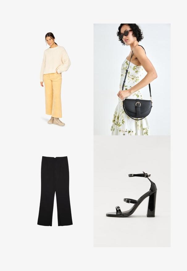 Krémový pletený svetr s širokými rukávy, spárovaný se světle žlutými kordovou kalhotami a béžovými šněrovacími botami. Jednoduchý a texturovaný design.; Černé kalhoty s rovným střihem, s předními kapsami a bočními rozparky na lemu. Vyrobené z jemné, hladké tkaniny. Vhodné na různé příležitosti.; Černé lakované sandály na podpatku se čtveratou špičkou, lýtkovými pásky a stříbrnými přezkami. Disponují masivním blokovým podpatkem pro stabilitu.; Černá kožená kabelka s křivkovým tvarem, odnímatelným popruhem a zlatými detaily. Kabelka má klopu s přezkou.