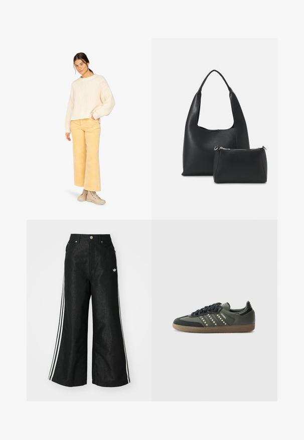 Pull en tricot crème avec des manches larges, associé à un pantalon en velours côtelé jaune clair et des bottes en cuir beige à lacets. Design simple et texturé.; Pantalon en denim large noir avec trois accents de rayures blanches de chaque côté et un petit logo blanc. Dispose de poches avant et d'une fermeture à bouton.; adidas Originals SAMBA OG - Baskets basses - core black/legend earth/gum; Even&Odd Sac à main - black