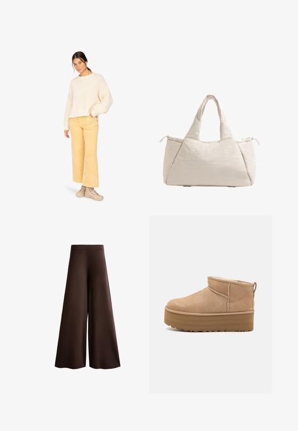 Kremowy sweter dziergany z szerokimi rękawami, w zestawie z jasn Yellow'owymi spodniami z korduru i beżowymi butami na sznurowadłach. Prosty i teksturowany design.; Brązowe szerokie spodnie wykonane z miękkiej tkaniny, z wysokim stanem, subtelną teksturą oraz płynną sylwetką bez widocznych zapięć czy ozdób.; Beżowe zamszowe botki za kostkę z miękkim wnętrzem, z platformą i pętlą z tyłu ułatwiającą zakładanie. Teksturowana gumowa podeszwa.; Beżowa pikowana torba na ramię z dwoma uchwytami, zaokrąglonym kształtem, teksturowanym materiałem i boczną kieszenią ze sznurkiem. Gładkie wykończenie, minimalistyczny design.