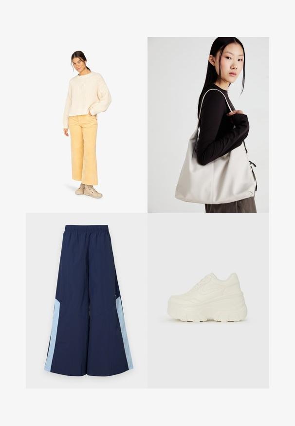 Pull en tricot crème avec des manches larges, associé à un pantalon en velours côtelé jaune clair et des bottes en cuir beige à lacets. Design simple et texturé.; Pantalons larges navy avec une taille élastique, dotés de panneaux latéraux bleu clair et d'une texture lisse. Conçus pour le confort et la liberté de mouvement.; Baskets plateformes blanches avec une tige en simili cuir lisse, une forme arrondie, un col rembourré et une semelle en caoutchouc texturé avec des crampons définis.; Sac à main beige en matériau souple, avec un design décontracté, des détails cousus et deux poignées. Idéal pour un usage quotidien.