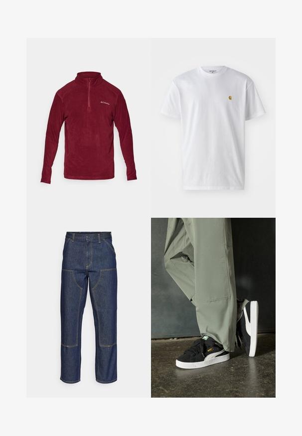 Pullover in pile color mogano con colletto alto, half zipper, maniche lunghe e logo sul petto sinistro. Tessuto morbido, design casual.; T-shirt bianco in cotone con maniche corte, con colletto girocollo, caratterizzato da un piccolo logo dorato sulla parte sinistra del petto. Tessuto morbido e vestibilità regolare.; Jeans in denim blu scuro con vita alta, design a gamba dritta, cuciture a contrasto e tasche applicate sulla parte frontale.; Sneaker in suede nero con suole in gomma bianca e strisce laterali, abbinate a pantaloni cargo verde chiaro, in piedi su una superficie scura e texture.