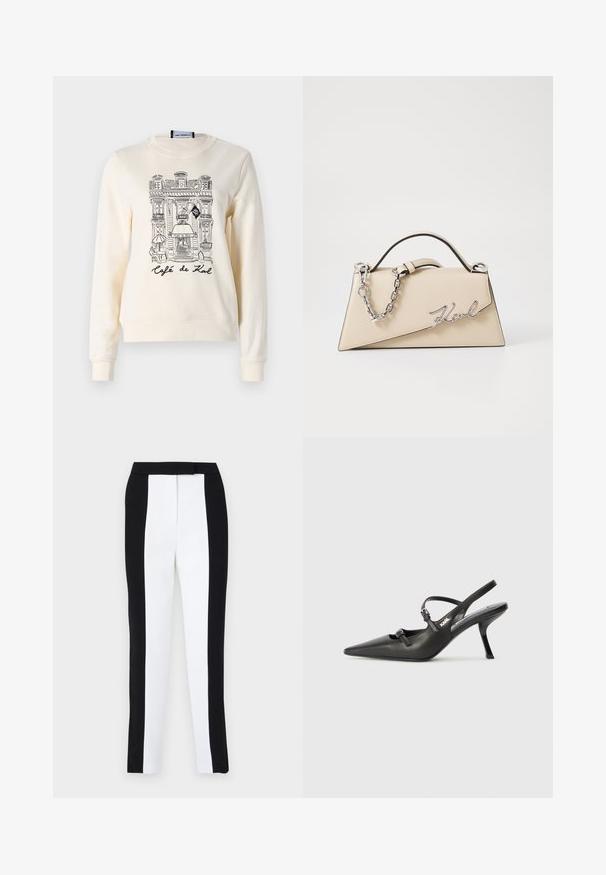 Krémová mikina s jemnou texturou, na které je černý nákres budovy kavárny a pod ilustrací text "Café de Karl".; Černé a bílé zúžené kalhoty v slim fit střihu s kontrastními panely. Materiál má hladkou texturu; pas je plochý a upnutý.; Černé kožené lodičky na boku s špičatou špičkou, štíhlým podpatkem a dekorativní přezkou na nártu. Hladká textura a elegantní design.; Béžová kožená kabelka se strukturovaným trojúhelníkovým tvarem, se stříbrným řetízkem a kovovým logem psaným kurzívou.